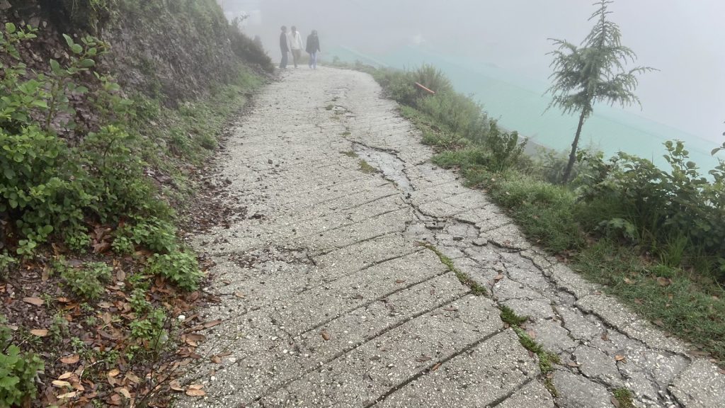 Paved trek path to Bhadraj Temple in monsoon
